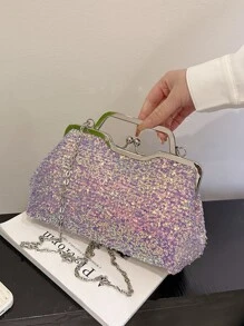 亮片裝飾吻鎖鏈條方包 - 紫色 - 查看 8