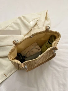 Medium Straw Bag Paper Letter Patch Decor - Khaki - View 3