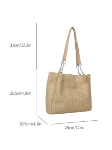 Medium Straw Bag Paper Letter Patch Decor - Khaki - View 4