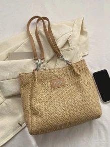 Medium Straw Bag Paper Letter Patch Decor - Khaki - View 5