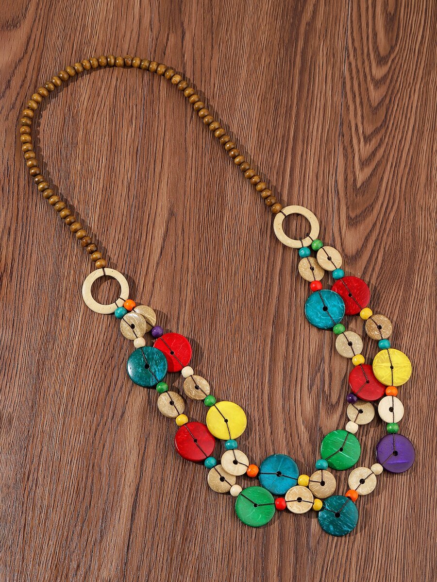 Wooden Beaded Necklace - Multicolor - View 1