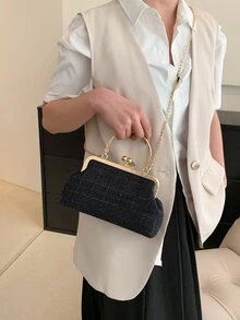 Bolsa cuadrada con patrón de cuadros con cerradura con cadena - Negro - Ver 2