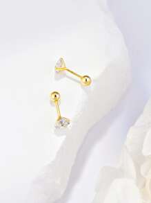 ELSEDES 1 Pair 4-Claw Zirconia S925 Sterling Silver Stud Earrings, Showcase Fashionable Charm, Quality Jewelry Suitable For Women's Daily, Party, Anniversary Outfits - Gold - View 3