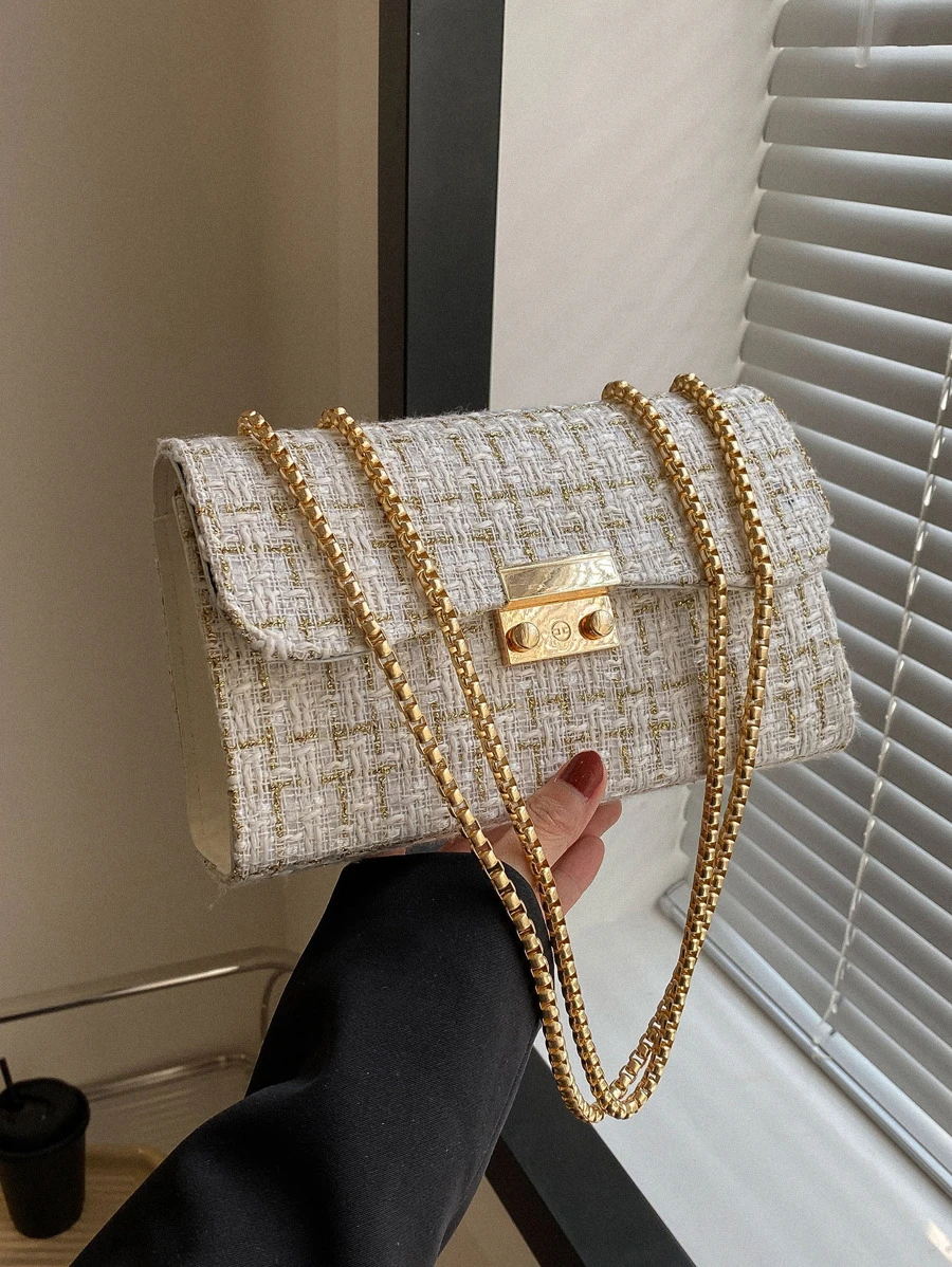 Bolso cuadrado mini con solapa, cadena y estampado de cuadros - Bolso de hombro elegante de mujer con cierre de giro, perfecto para playa, vacaciones y uso diario
