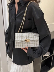 Bolso cuadrado mini con solapa, cadena y estampado de cuadros - Bolso de hombro elegante de mujer con cierre de giro, perfecto para playa, vacaciones y uso diario