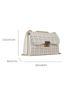Bolso cuadrado mini con solapa, cadena y estampado de cuadros - Bolso de hombro elegante de mujer con cierre de giro, perfecto para playa, vacaciones y uso diario