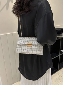 Bolso cuadrado mini con solapa, cadena y estampado de cuadros - Bolso de hombro elegante de mujer con cierre de giro, perfecto para playa, vacaciones y uso diario
