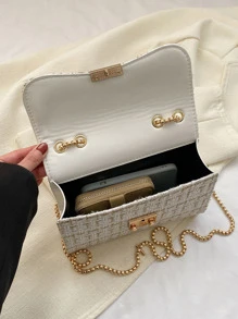 Bolso cuadrado mini con solapa, cadena y estampado de cuadros - Bolso de hombro elegante de mujer con cierre de giro, perfecto para playa, vacaciones y uso diario