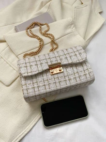 Bolso cuadrado mini con solapa, cadena y estampado de cuadros - Bolso de hombro elegante de mujer con cierre de giro, perfecto para playa, vacaciones y uso diario