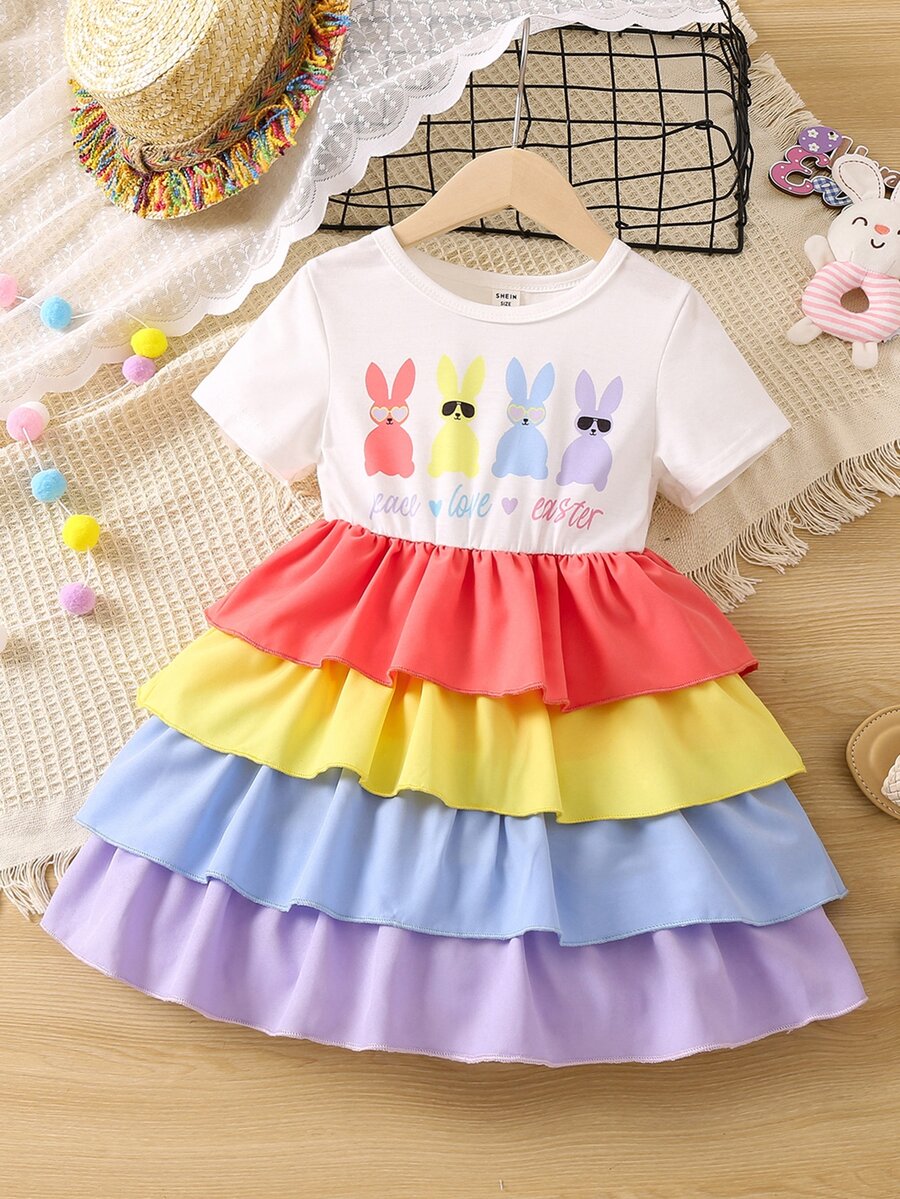 Niñas Vestido con estampado de conejo de color combinado bajo a capas - Multicolor - Ver 1