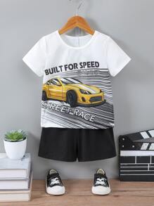 SHEIN 小男童汽車和字母圖案T恤和短褲