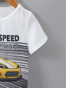 SHEIN 小男童汽車和字母圖案T恤和短褲