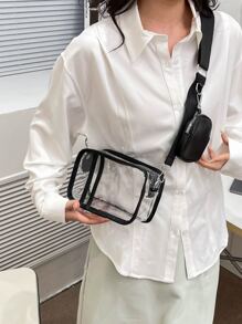 Túi hình vuông ràng buộc tương phản rõ ràng nhỏ với ví đựng tiền xu Túi đi học dành cho sinh viên mới tốt nghiệp, cô gái tuổi teen, sinh viên năm nhất, sinh viên năm hai, sinh viên năm cuối đại học, đại học và trung học phổ thông, hoàn hảo cho hoạt động ngoài trời, du lịch và quay lại trường học - màu đen - Xem 1