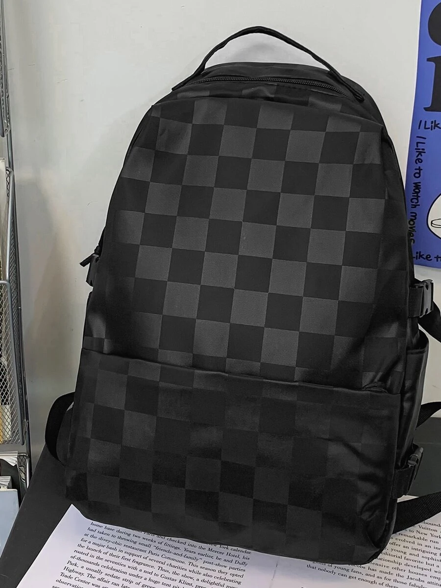 Checker Pattern Simple Design Large Capacity Double Shoulder Backpack - Black - View 1