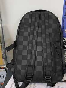 Checker Pattern Simple Design Large Capacity Double Shoulder Backpack - Black - View 2