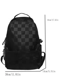 Checker Pattern Simple Design Large Capacity Double Shoulder Backpack - Black - View 4