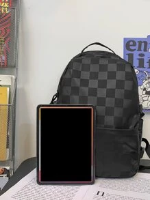 Checker Pattern Simple Design Large Capacity Double Shoulder Backpack - Black - View 5