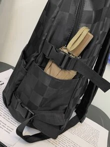 Checker Pattern Simple Design Large Capacity Double Shoulder Backpack - Black - View 6