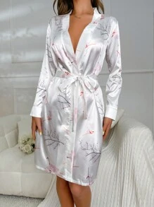 Bata con estampado de plantas & floral con cinturón de satén - Blanco - Ver 1