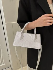 Crocodile Embossed Double Handle Bag - White - View 1