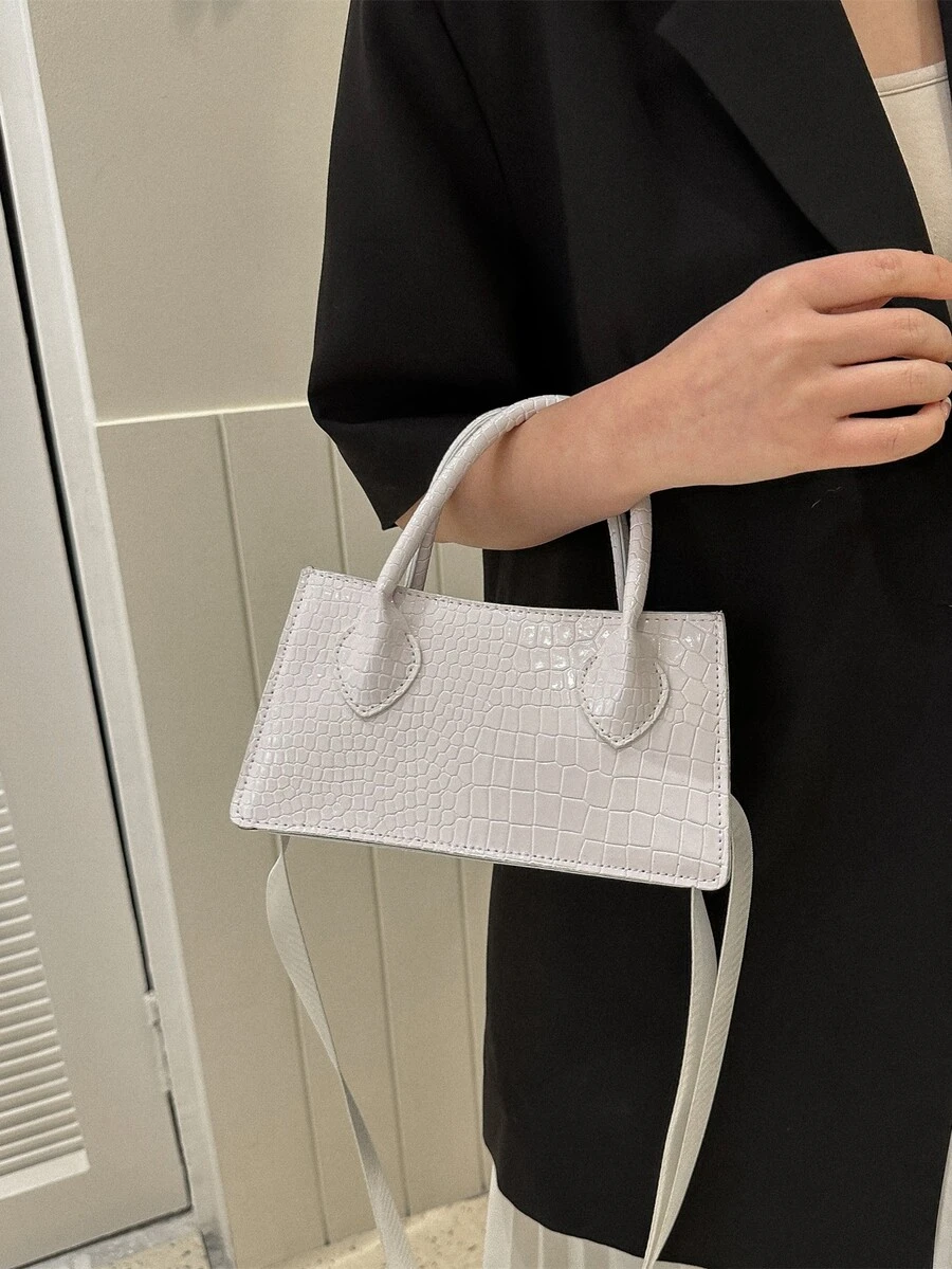 Crocodile Embossed Double Handle Bag - White - View 1