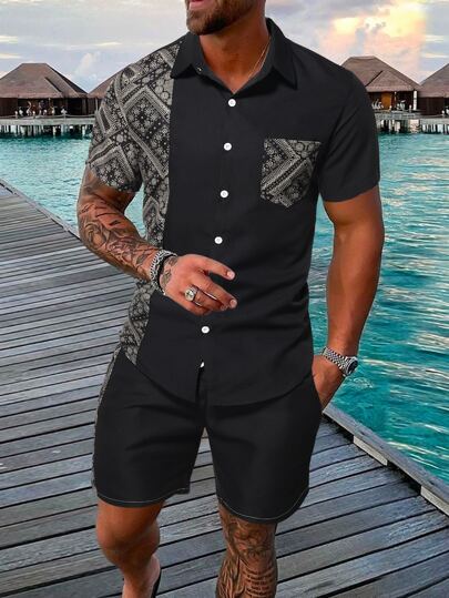 Manfinity RSRT Men Scarf Print Shirt & Shorts , Beach , Color Block , Going Out , Husband , Holographic