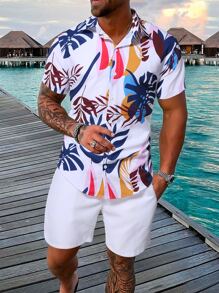 Manfinity RSRT Men Tropical Print Shirt & Shorts, Beach, Tropical, Husband, Colorful, Holographic, Men Two Pieces Casual Shirt & Short Sets, Men's Casual Graphic Print Short Sleeve T-Shirt And Shorts Set, Men Beach Outfit Set, Men 2 Pieces Set Tropical, Vacation, Cozy Outfits - White - View 1