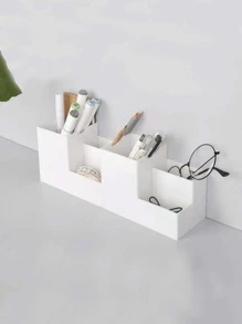 白色可愛辦公桌收納盒桌面辦公室家庭學校教室配件用品,筆筒筆架球童杯,帶 4 個隔層 - 白色 - 查看 3