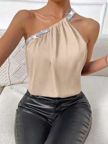 Chiquease Tương phản Sequin một vai Top - Màu be - Xem 1
