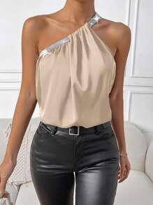 Chiquease Tương phản Sequin một vai Top - Màu be - Xem 3