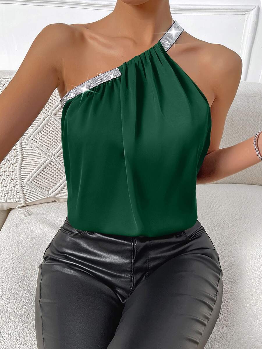 SHEIN Privé Contrast Sequin One Shoulder Top - Dark Green - View 1