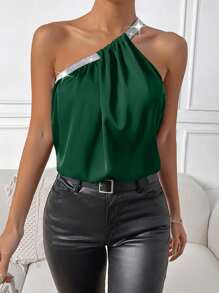 SHEIN Privé Contrast Sequin One Shoulder Top - Dark Green - View 3