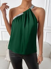 SHEIN Privé Contrast Sequin One Shoulder Top - Dark Green - View 6
