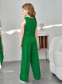 SHEIN 少女針織純色背心上衣與相配寬鬆針織長兩件套裝 - 綠色 - 查看 2