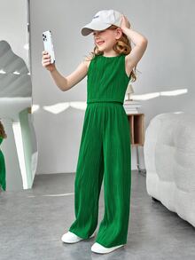 SHEIN 少女針織純色背心上衣與相配寬鬆針織長兩件套裝 - 綠色 - 查看 5