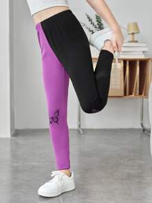 SHEIN Chicas Leggings con estampado de mariposa de dos tonos - Multicolor - Ver 4