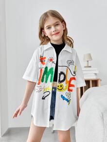 SHEIN 女孩卡通和字母圖案落肩袖襯衫