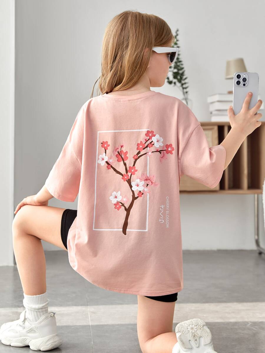 SHEIN Leap Crew Tween Girl Casual Drop Shoulder T-Shirt With Flower And Letter Design On Back - Baby Pink - View 1