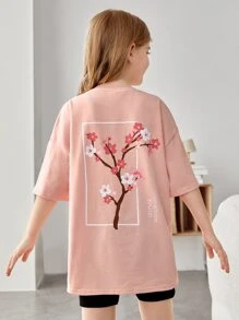 SHEIN Leap Crew Tween Girl Casual Drop Shoulder T-Shirt With Flower And Letter Design On Back - Baby Pink - View 2
