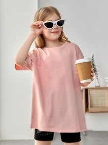 SHEIN Leap Crew Tween Girl Casual Drop Shoulder T-Shirt With Flower And Letter Design On Back - Baby Pink - View 3