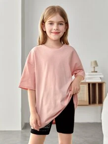 SHEIN Leap Crew Tween Girl Casual Drop Shoulder T-Shirt With Flower And Letter Design On Back - Baby Pink - View 5