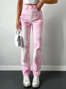 EURMUSE Tie Dye Straight Leg Jeans - Pink - View 1