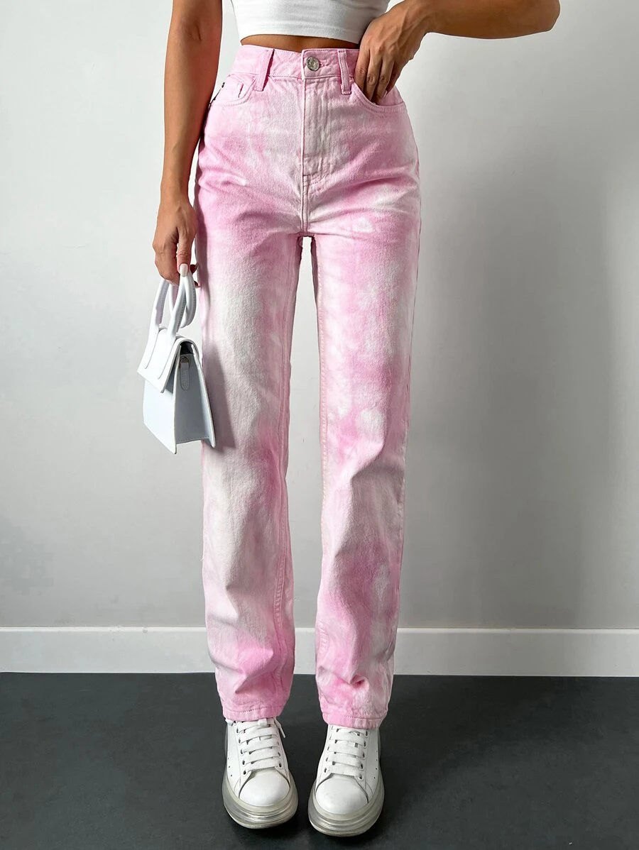 EURMUSE Tie Dye Straight Leg Jeans - Pink - View 1