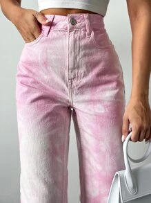 EURMUSE Tie Dye Straight Leg Jeans - Pink - View 5