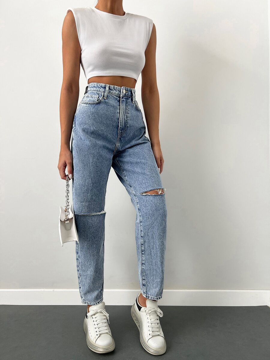 Zipper Fly Ripped Mom Fit Jeans SHEIN USA