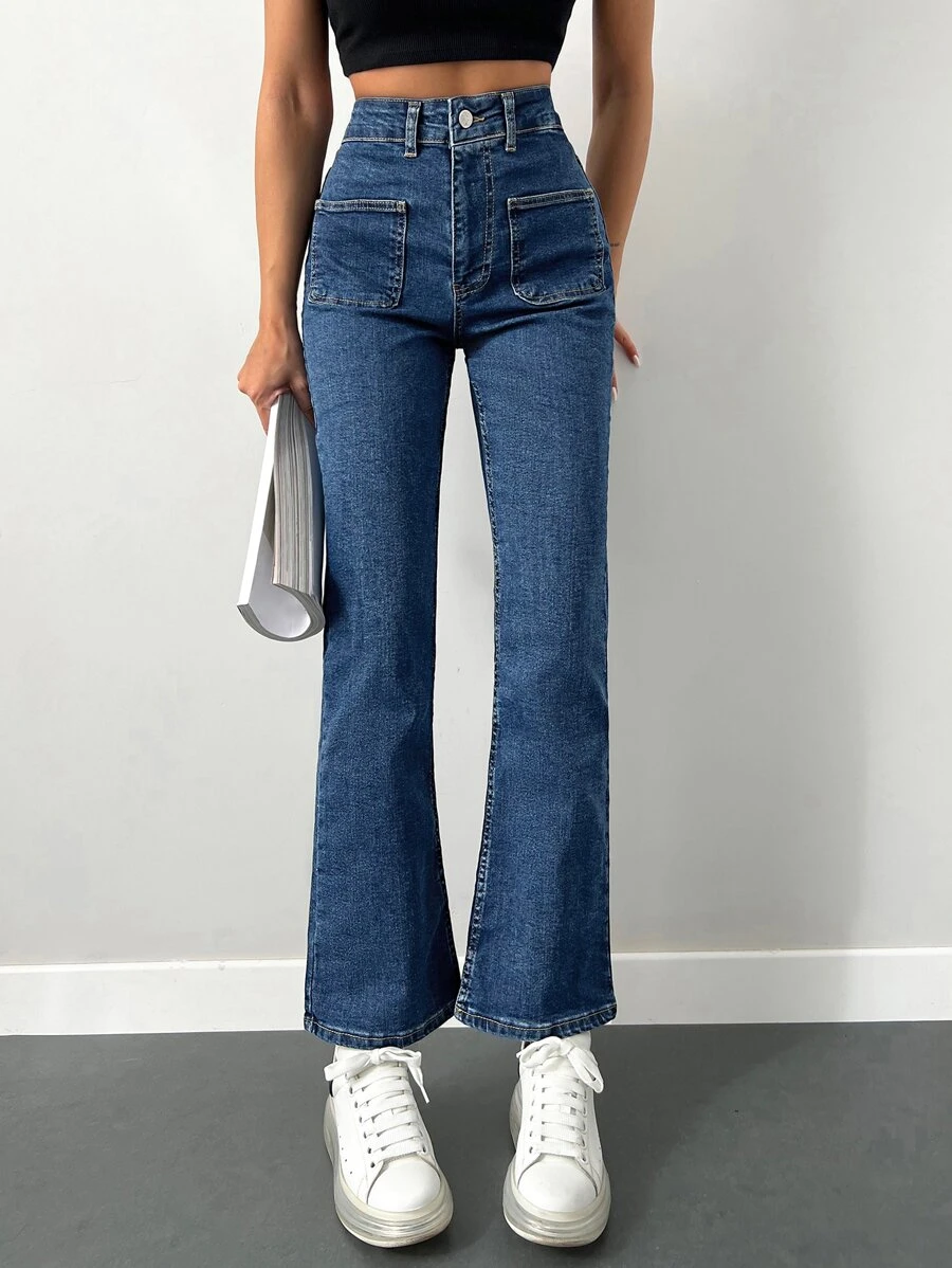 EURMUSE Pocket Patched Flare Leg Jeans - Medium Wash - View 1