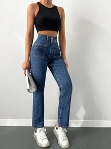 EURMUSE Pocket Patched Flare Leg Jeans - Medium Wash - View 4