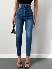 EURMUSE 98%棉高腰斜插口袋休闲修身牛仔裤 - 深色水洗藍 - 查看 3