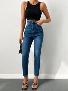 EURMUSE 98%棉高腰斜插口袋休闲修身牛仔裤 - 深色水洗藍 - 查看 4