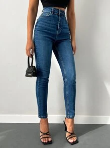 EURMUSE 98%棉高腰斜插口袋休闲修身牛仔裤 - 深色水洗藍 - 查看 5